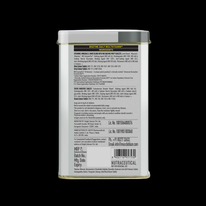 MuscleBlaze Biozyme Daily Multivitamin, 5-in-1 Supplement with Vitamins, Minerals, Joint, T-Booster Blend & EAF, 90 tablet(s) - Image 3