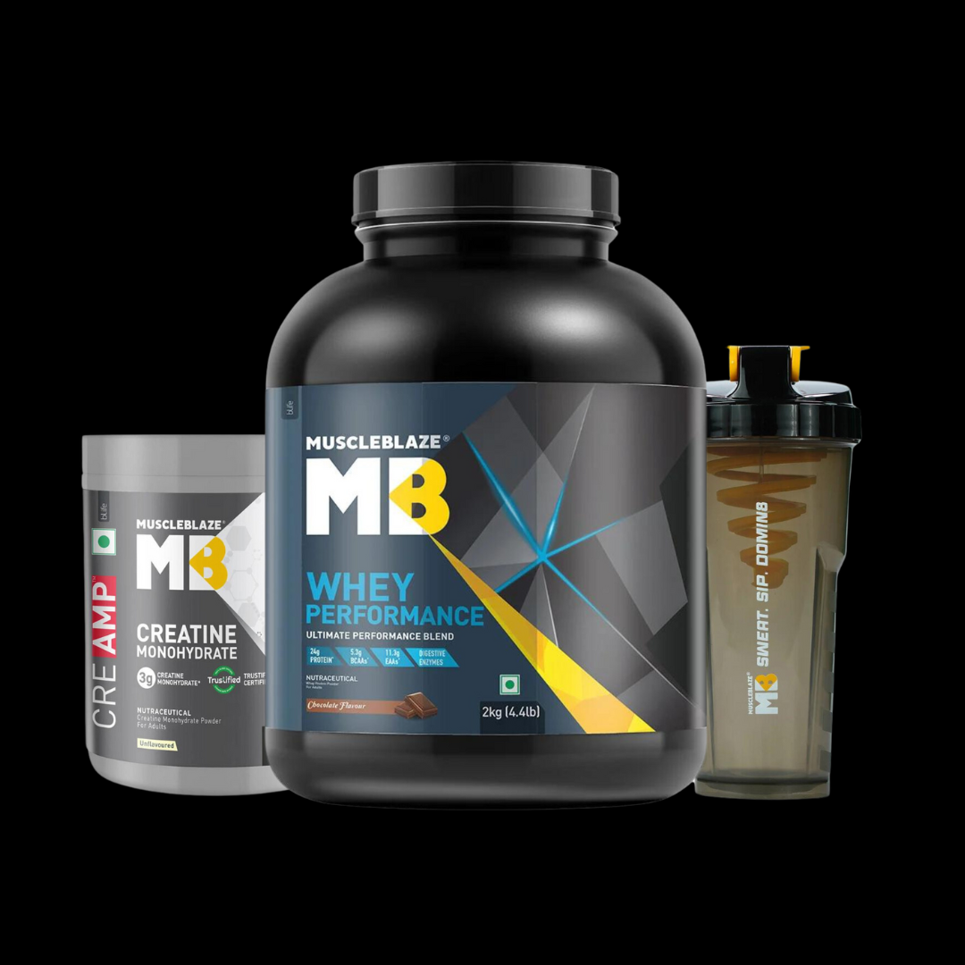Untitled design - 2025-01-17T134014.653 MuscleBlaze Whey Performance Protein 2kg + MuscleBlaze Creatine CreAMP, 250gm + MuscleBlaze Cyclone Shaker - Image 1