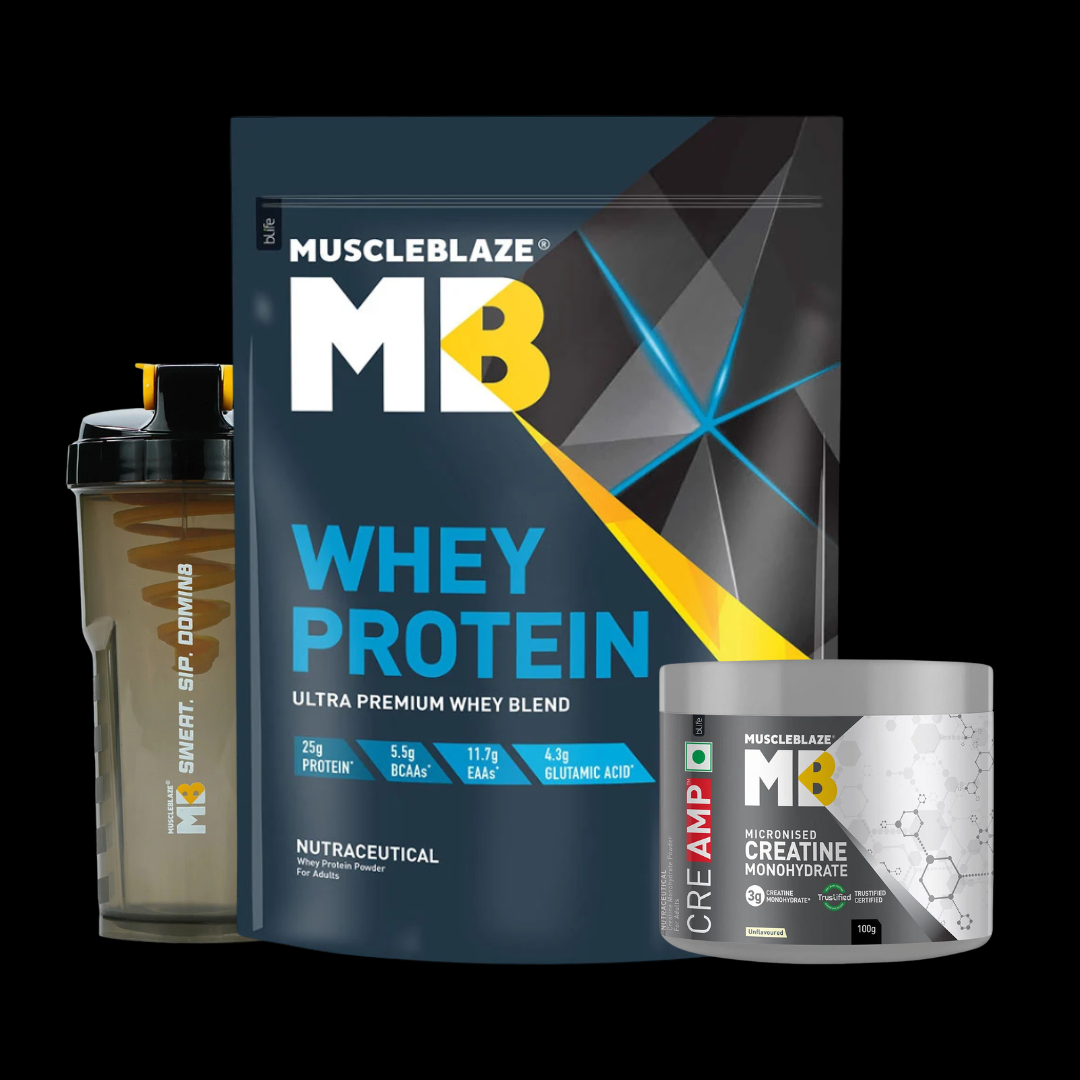reamp (3) MuscleBlaze 100% Whey Protein 1kg + MuscleBlaze Creatine Monohydrate CreAMP 100gm + Cyclone Shaker - Image 1
